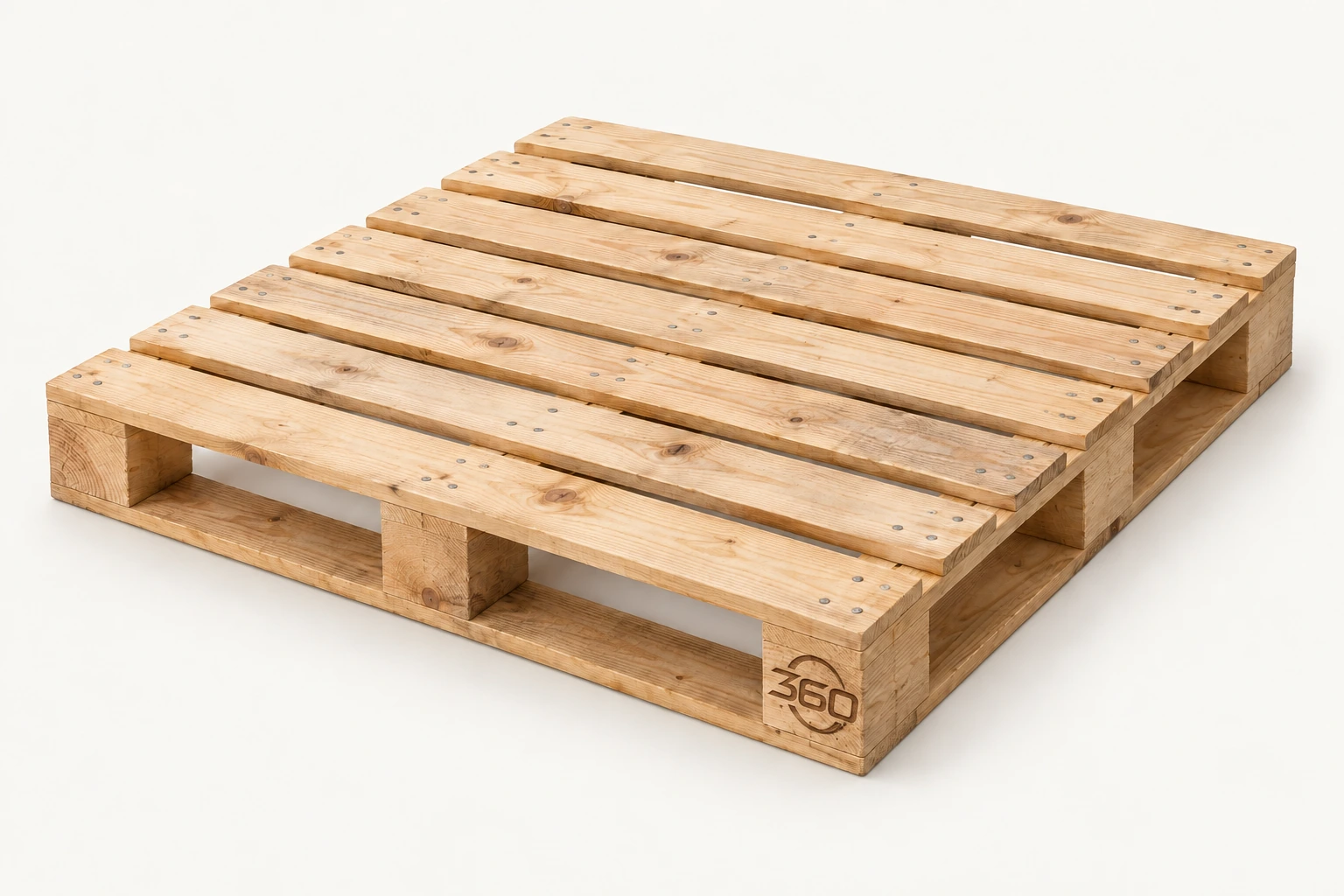 Square Australian Standard timber pallet with evenly spaced deck boards, open fork entry and a small 360 mark burned into the timber
