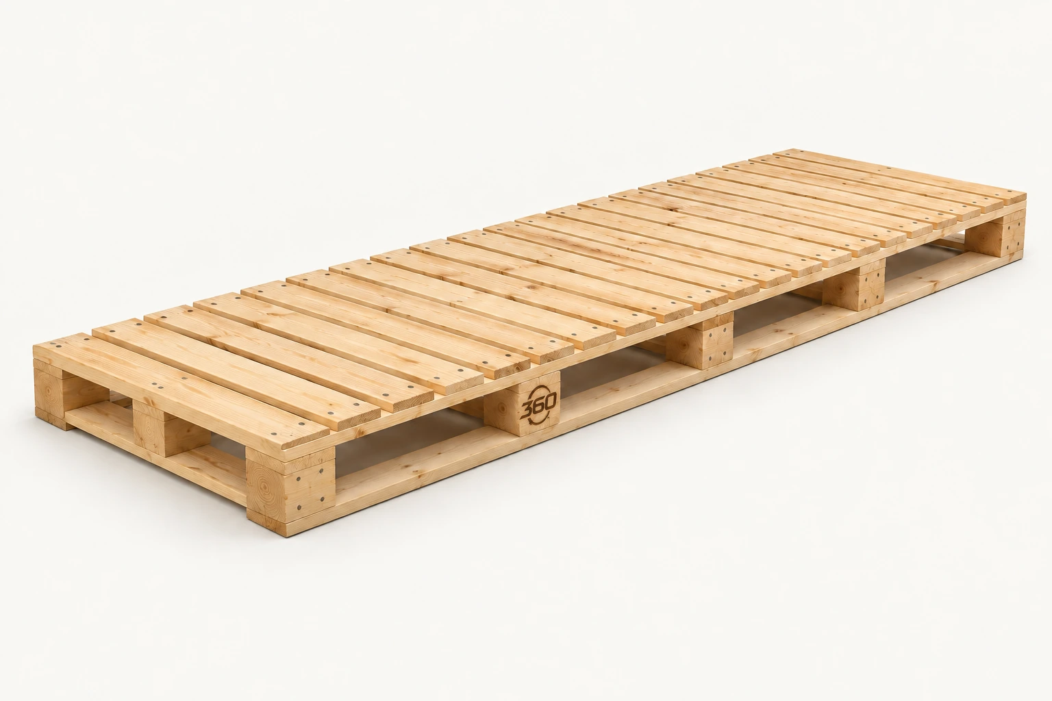 Extra long custom timber pallet with many crosswise deck boards, with a small 360 mark burned into the timber