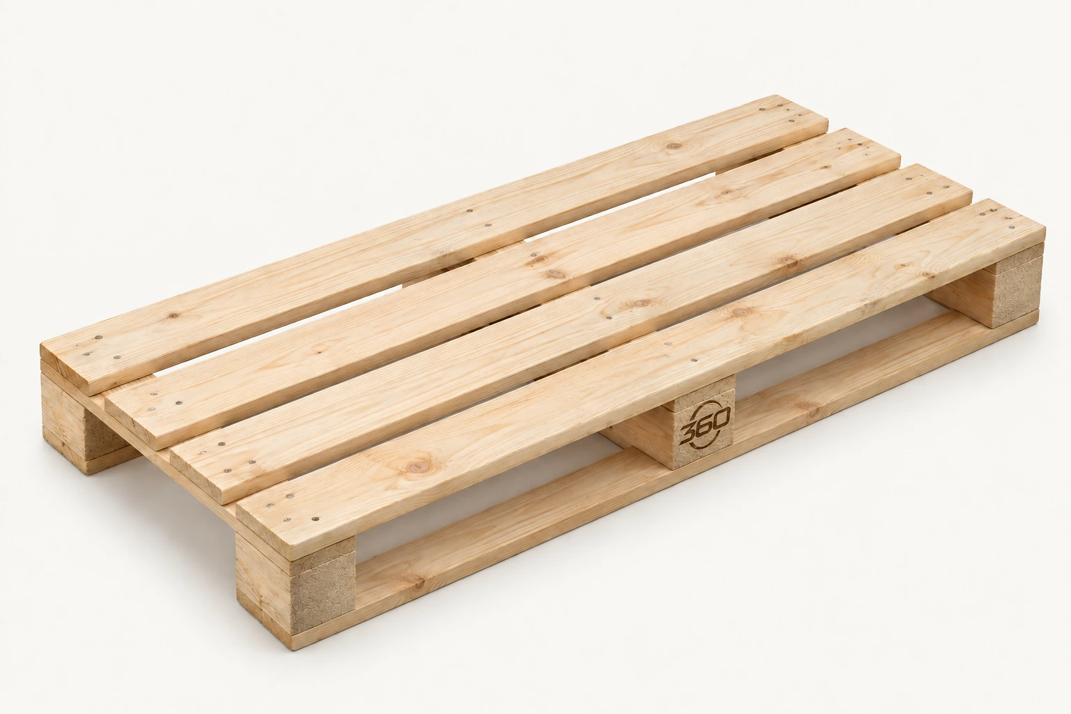 Narrow timber display and half pallet with four long top boards and a compact footprint, with a small 360 mark burned into the timber