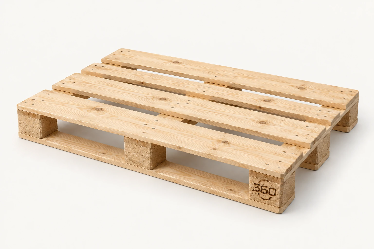Rectangular Euro size timber pallet with five top deck boards, a block base and a small 360 mark burned into the timber