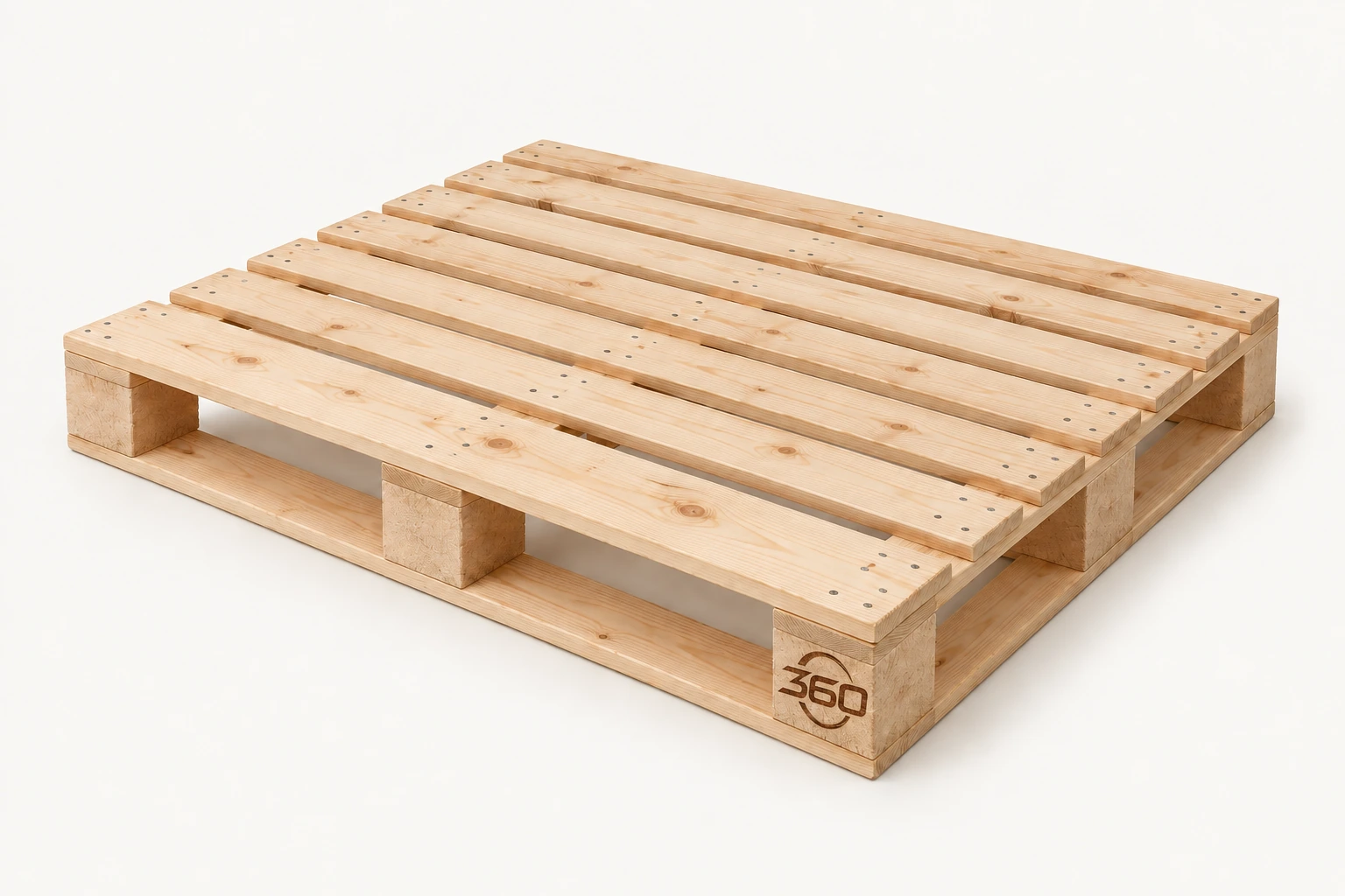 Broad rectangular export style timber pallet in pale pine with open fork entry and a small 360 mark burned into the timber
