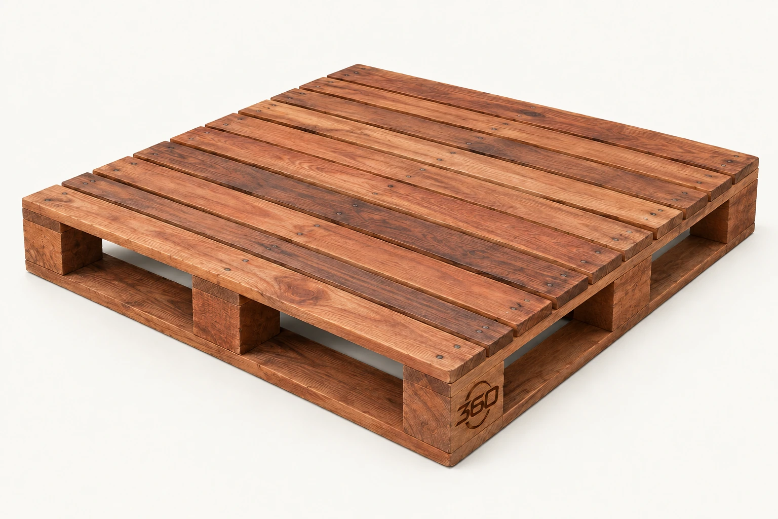 Square heavy duty hardwood pallet with closely spaced top boards and substantial timber supports, with a small 360 mark burned into the timber