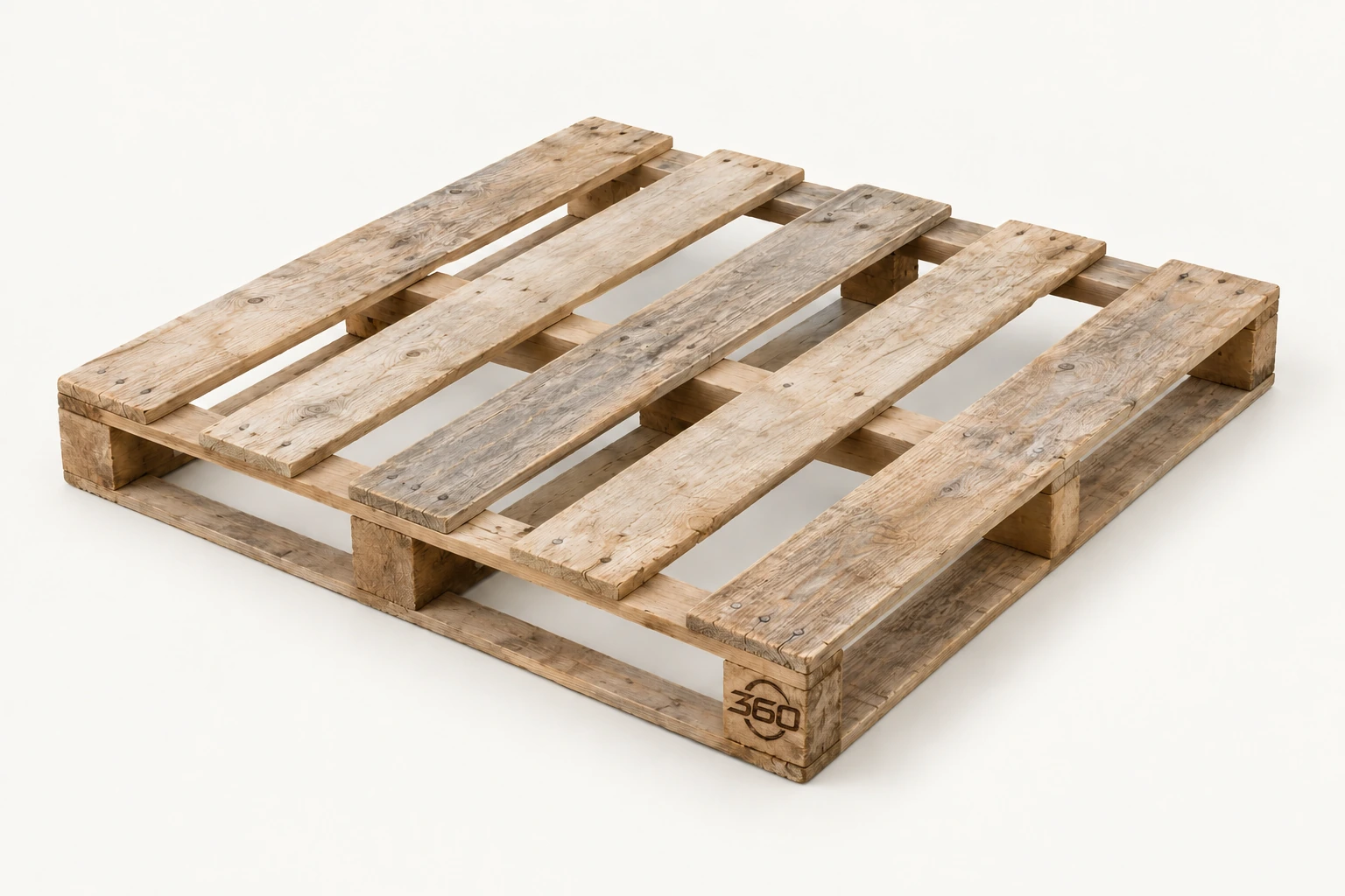 Lightweight recycled one way timber pallet with wide deck gaps and weathered boards, with a small 360 mark burned into the timber