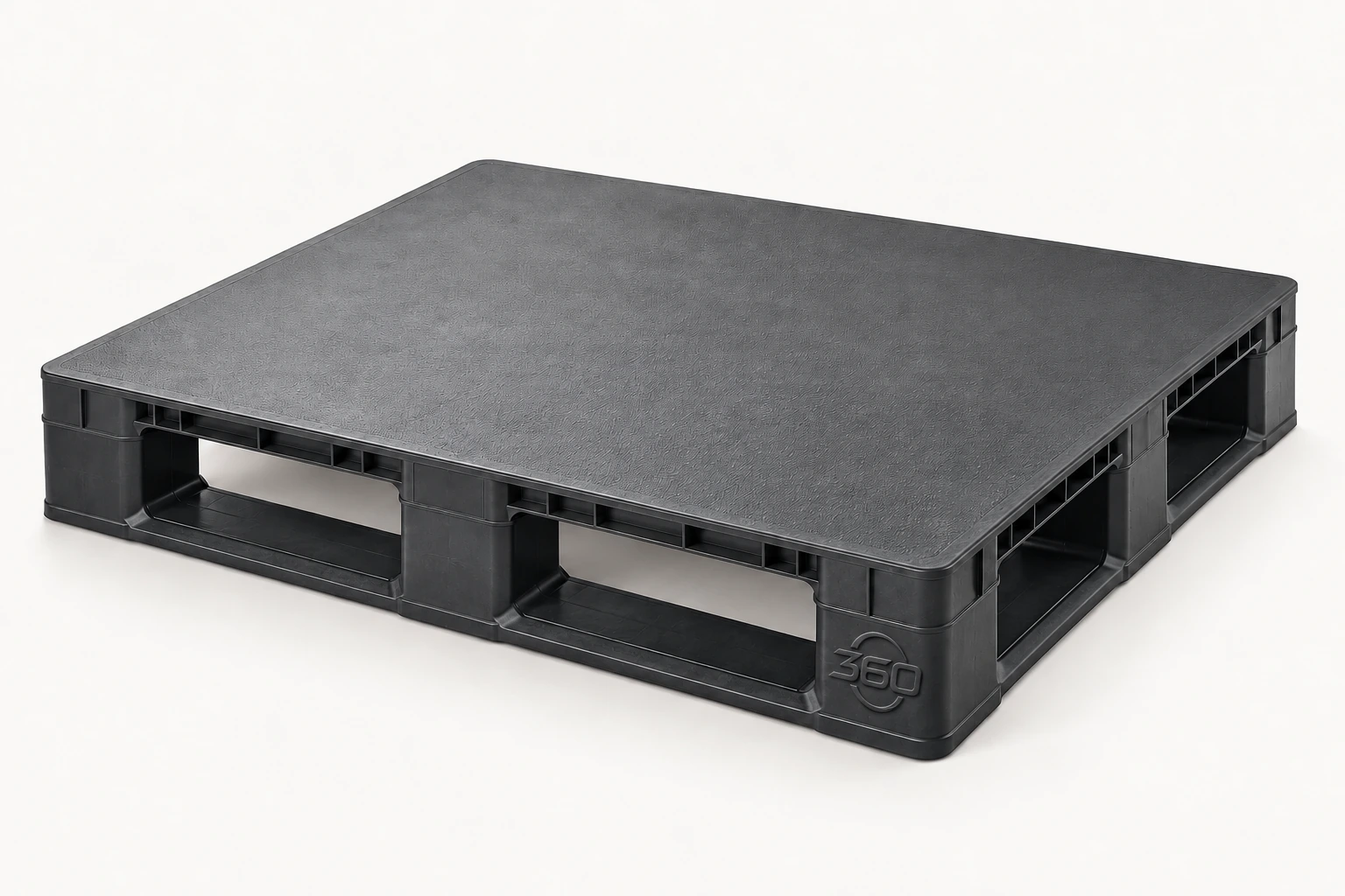 Charcoal plastic pallet with a solid top deck and substantial supports, with a small moulded 360 mark